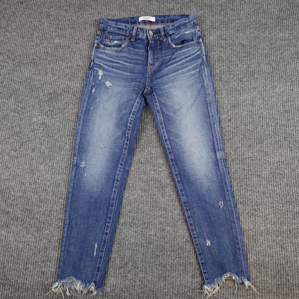 Moussy Vintage Jeans Womens 25 Blue Mid Rise Skinny Distressed Fringe Japan